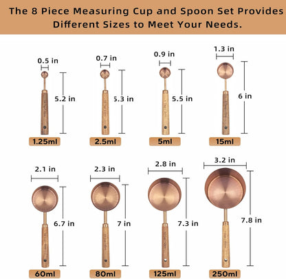 Measuring Cups and Spoons Set of 8, Golden Stainless Steel Measuring Cup with Wooden Handle, Kitchen/Food/Liquid/Baking (gold)