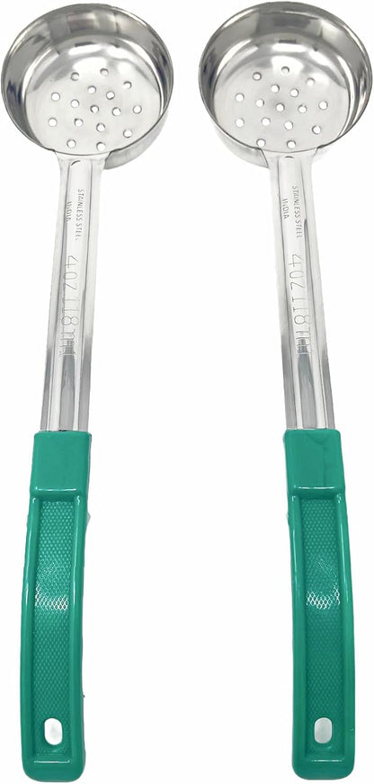 Generic 2 Pack - 4 oz. Slotted Portion Control Scoops, Spoodles - Green Handle Perforated Food Serving Spoon, Medium, Silver, MCP04EP
