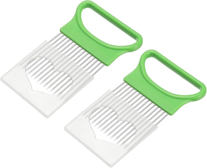 uxcell 2 Pcs Onion Slicer Holder, 4.3 x 3.1 Inch Stainless Steel Vegetable Cutting Holder Food Cutter Tool for Slicing Storing Onions Tomatoes Potatoes Avocados Apples, White