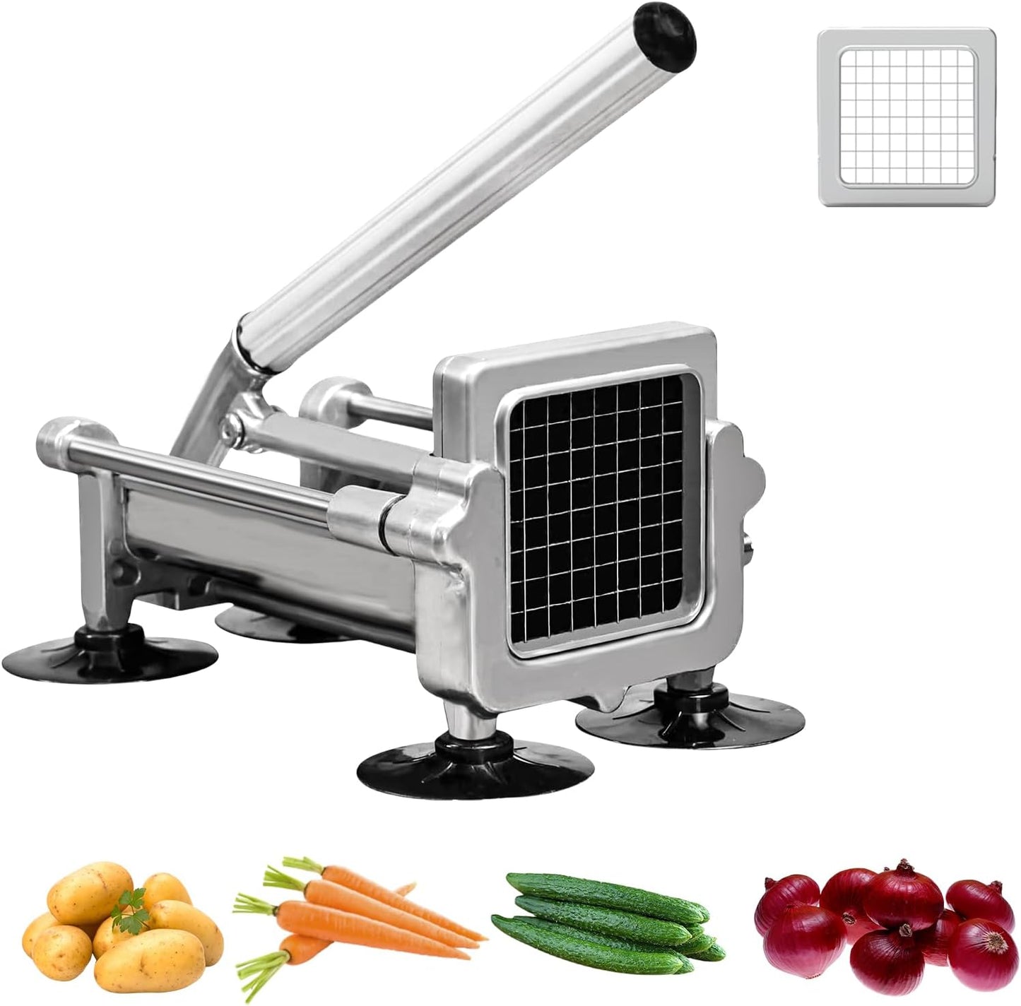 Commercial French Fry Cutter Stainless Steel.Potato Cutter for French Fries with 1/4 and 3/8Inch Blade, Commercial French Fry Cutter Manual Potatoes Cutting Machine with Suction Feet.