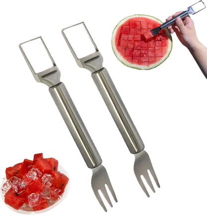 2-in-1 Stainless Steel Watermelon Slicer Fork, Kitchen Fruit Cutter Tool for Camping and Family Gatherings,Silver watermelon fork slicer cutter,Melon Cutter,Fruit Slicer
