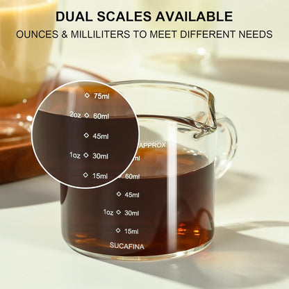 PARACITY Espresso Cup with Handle, 2.5 OZ Double Spout Clear Glass Measuring Cup with Dual Scale, Espresso Shot Glass with V-Shaped Mouth, Espresso Accessories