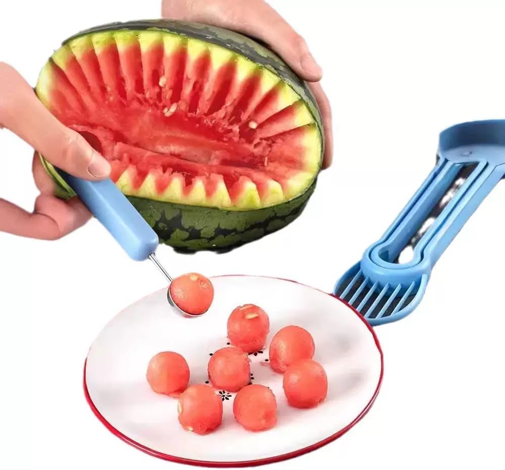 4 in 1 Melon Baller Set with Watermelon Slicer, Ice Cream Scoop & Knife, Stainless Steel, Blue