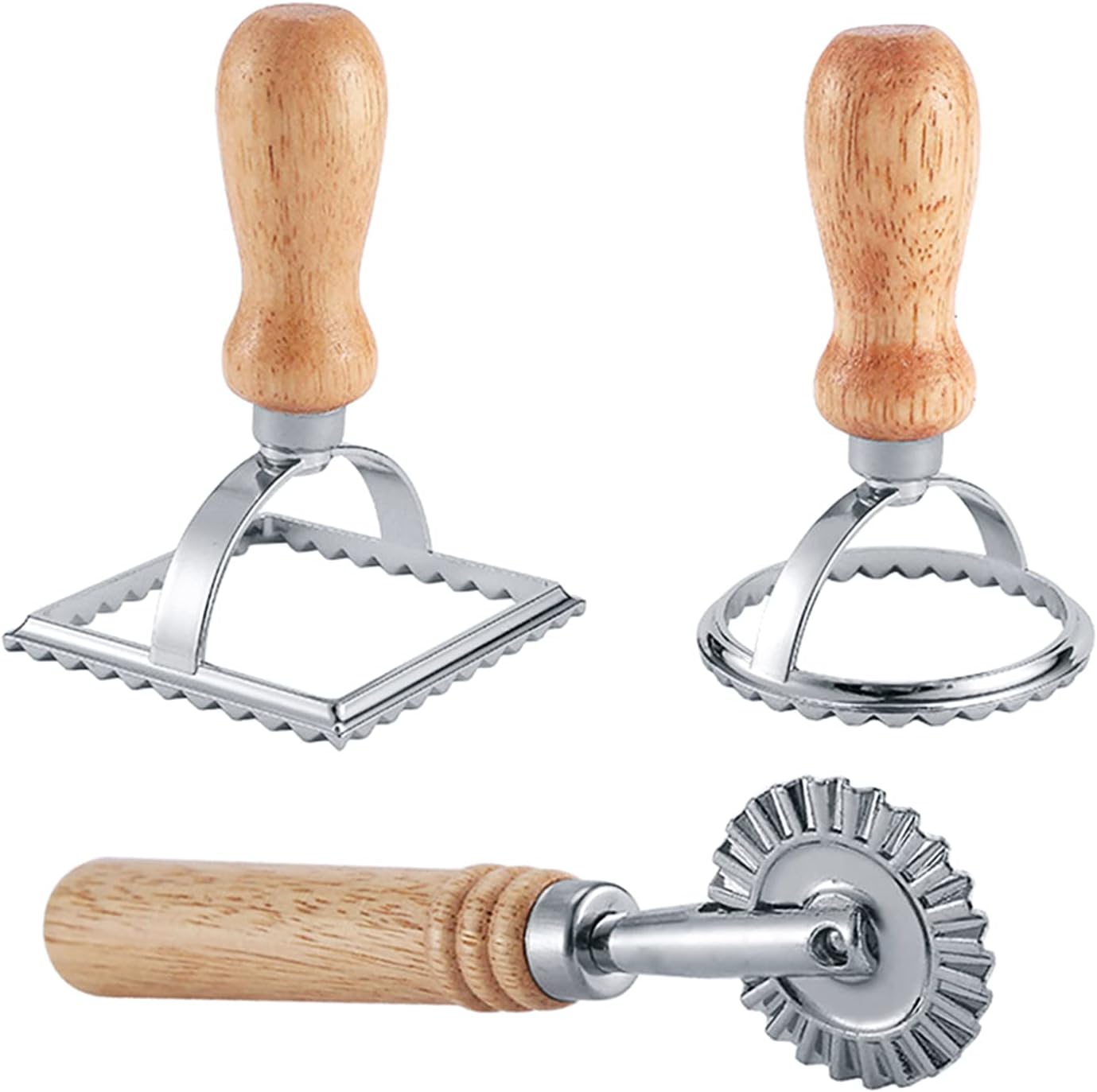Ravioli Maker Stamp Cutter with Roller Wheel Set, Pasta Maker Mold with Wooden Handle and Fluted Edge, Ravioli Cutter and Press Stamp – for Pasta, Dumplings Lasagna, Pierogi (3 Set with Cutter)