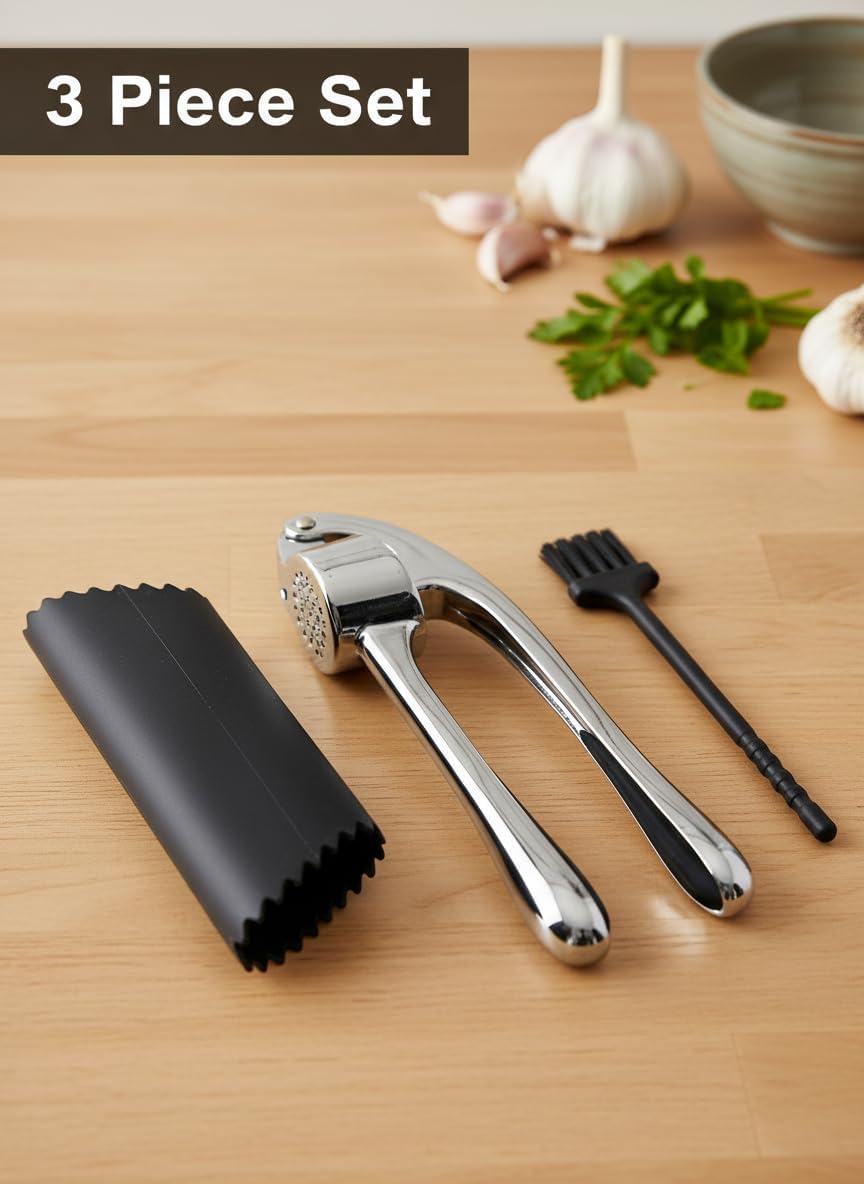 Garlic Press with Peeler and Brush | Easy Garlic Crusher | Dishwasher Safe | Zinc | Comfortable Handle