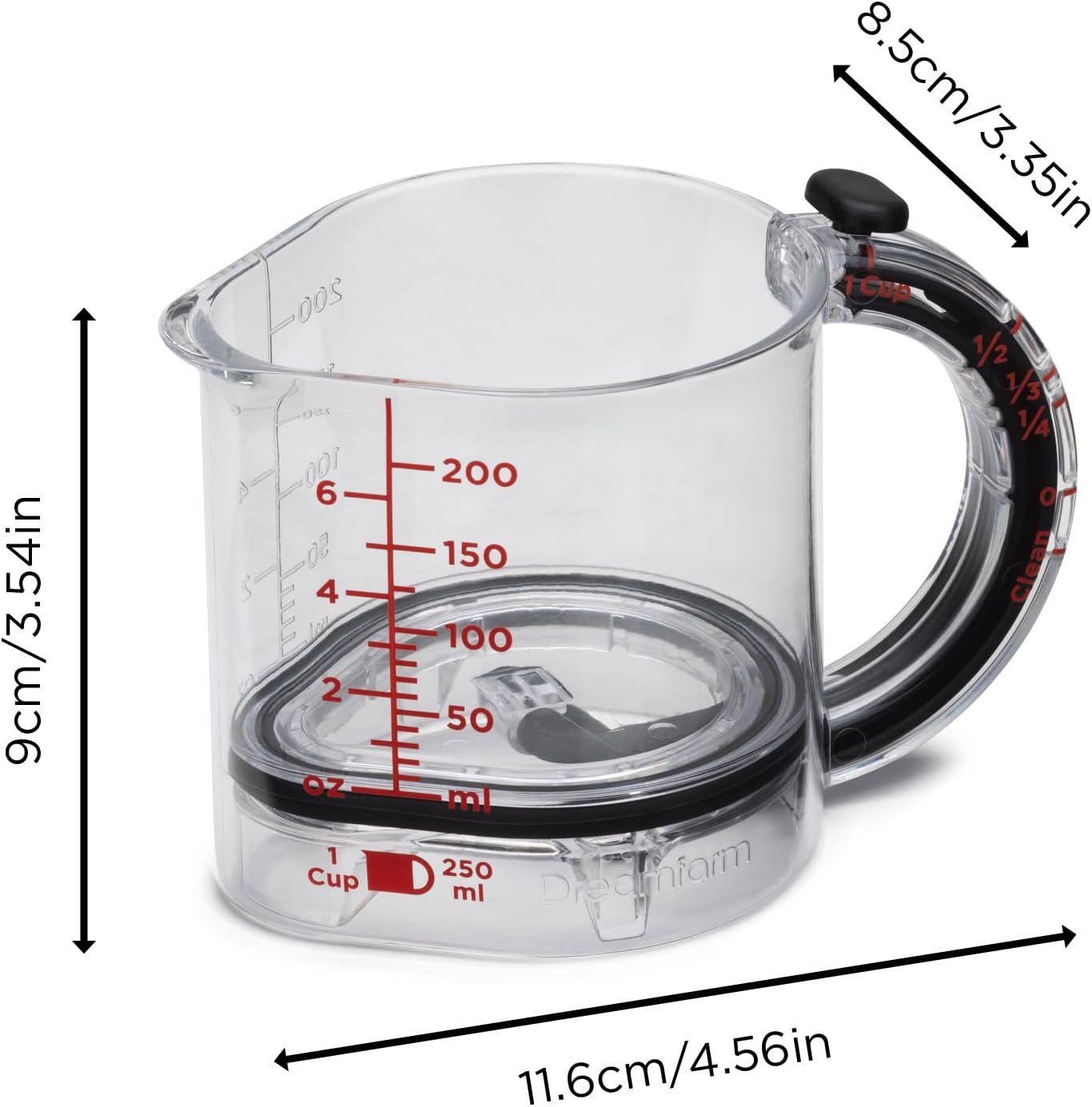 Dreamfarm Upcup All-in-1 Adjustable Measuring Cup, Metric & Imperial Measurements up to 1 Cup - Black/Clear