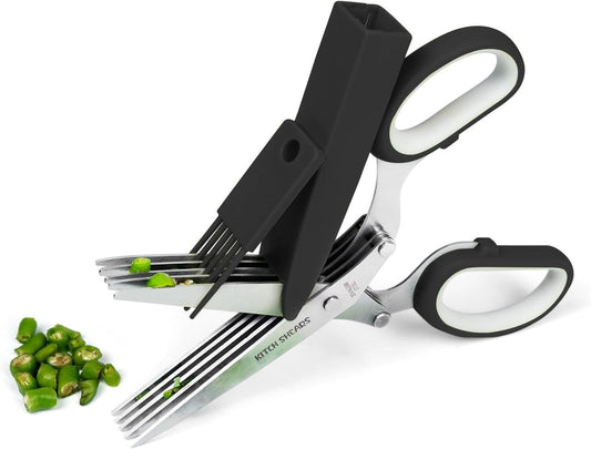 KitchShears Herb Scissors with 5 Blades and Cover - Premium Quality Stainless-Steel Herb Cutter for Kitchen & Garden Herbs - With safety Cover and Cleaning Comb - Dishwasher Safe & Easy to Clean