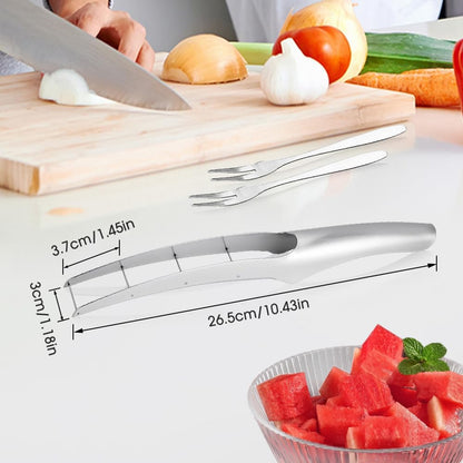 Watermelon Cutter Slicer - with 2 Forks, Stainless Steel Watermelon Cube Cutter, Easy Watermelon Knife Fruit Slicer Tool, Melon Baller Kitchen Gadget for Fruit Salad (1 Set)