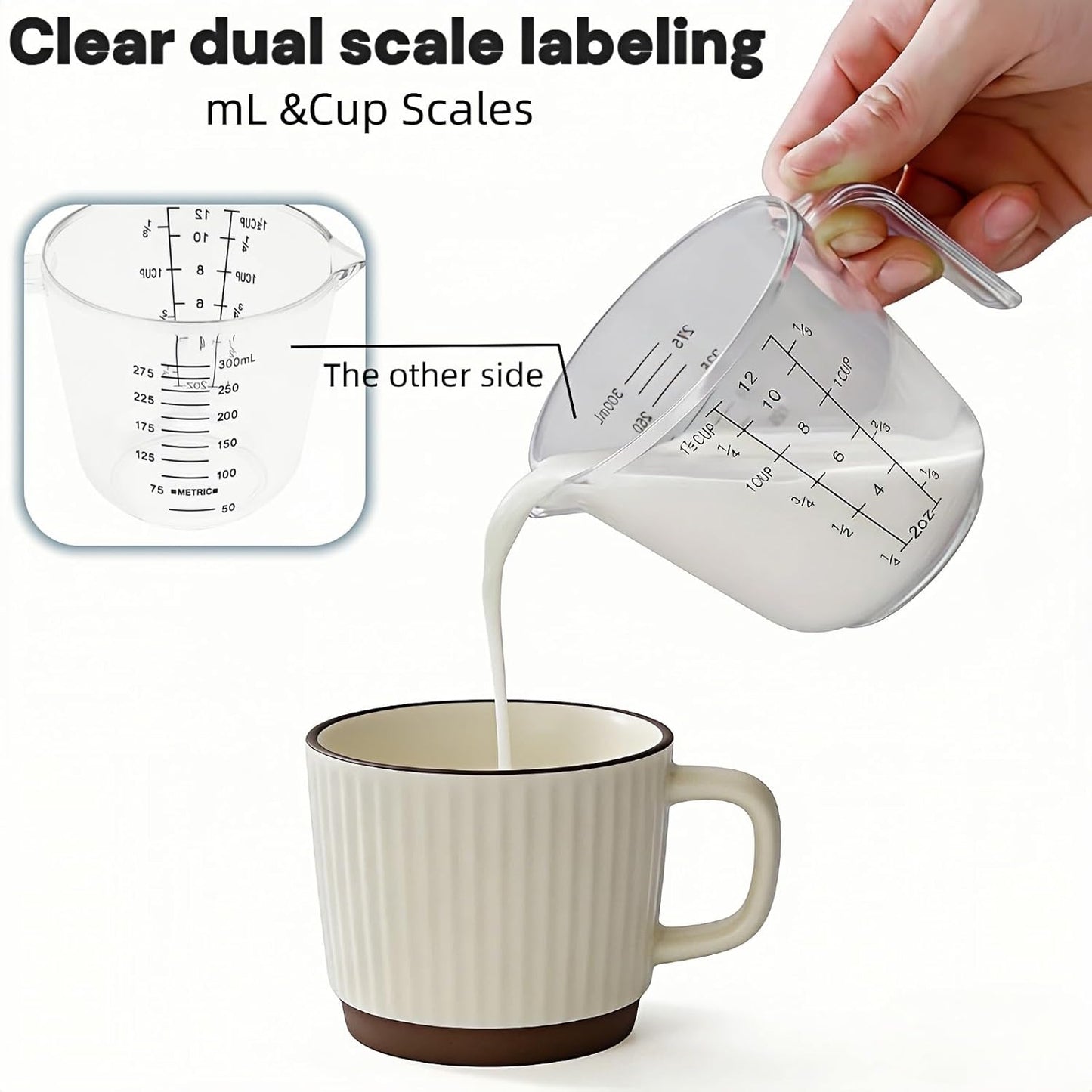 BPA-Free Plastic Measuring Cup 300ml/1 ½ Cup – Clear with Dual ml/cup Marks, Heat-Resistant 0-176°F, V-Shaped Spout for Drip-Free Pouring, Comfort Grip Handle for Baking & Cooking