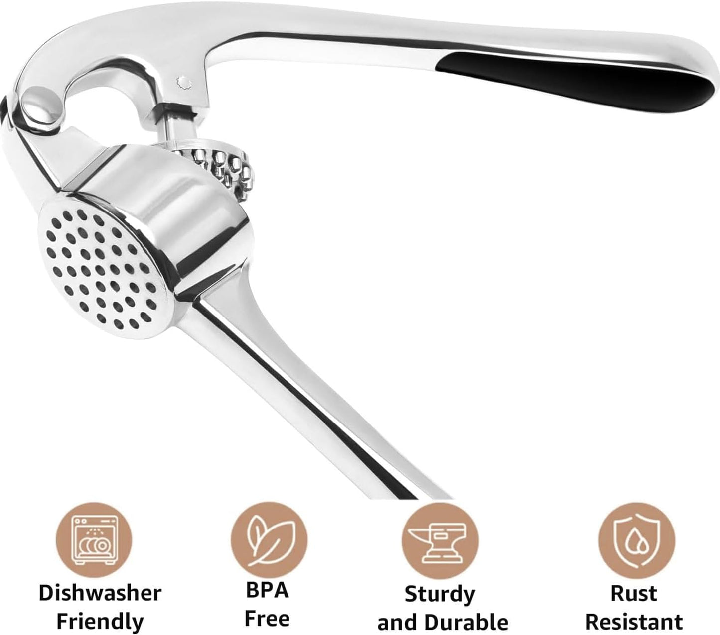 Garlic press for fine mincing, heavy-duty garlic press joystick, rust proof zinc alloy material, ergonomic handle, equipped with silicone peeler and cleaning brush, dishwasher washable, bright silver