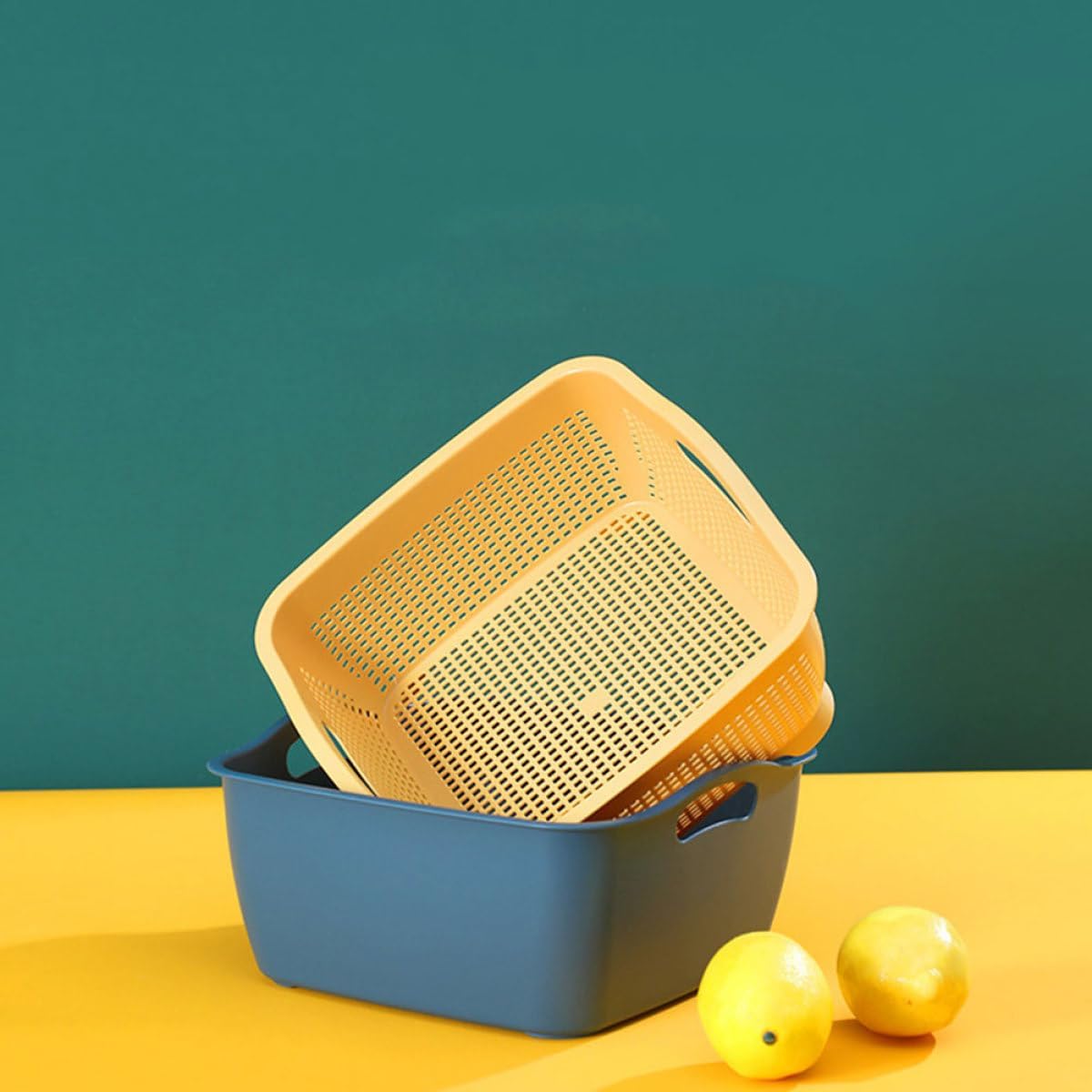 Double-layer Kitchen Colanders Vegetable Wash Basket Set, Plastic Fruit Strainer Bowls with Drainage, Large and Small Square Baskets for Kitchen Food Storage and Washing