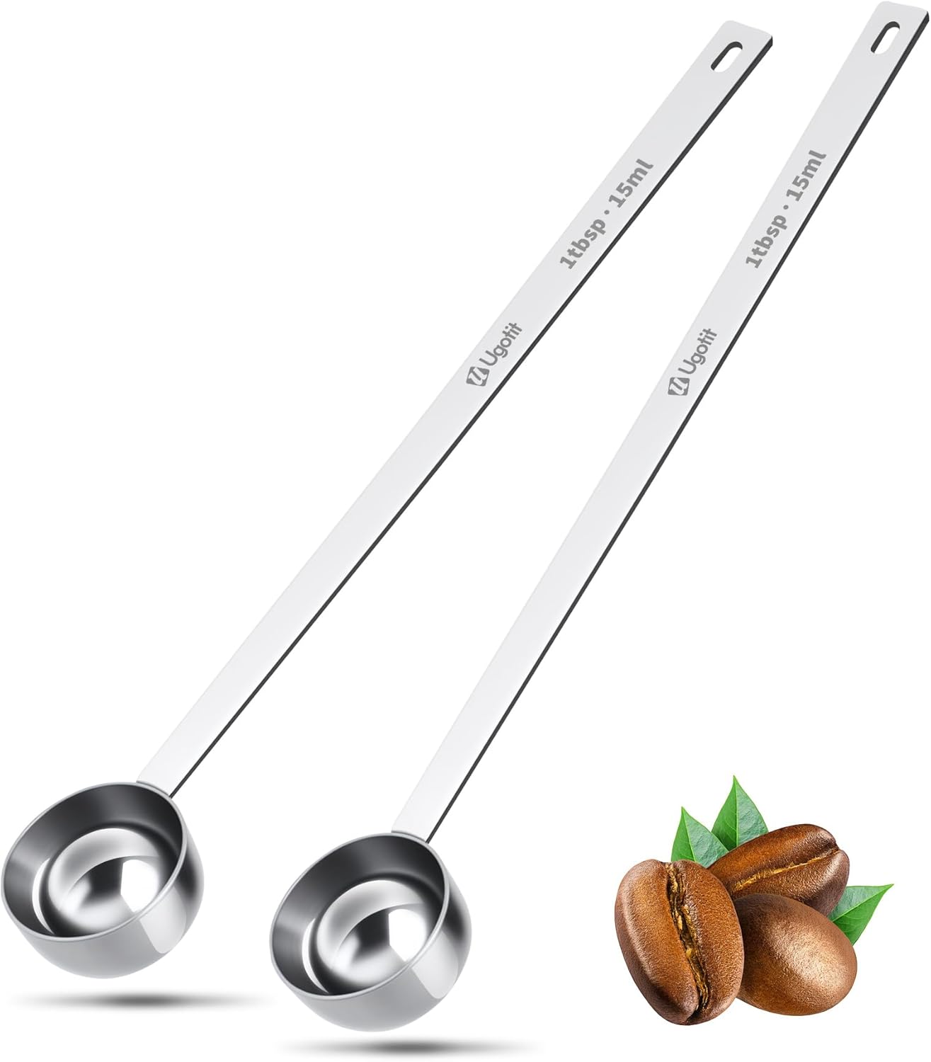 Ugotit Coffee Scoop for Ground Coffee, Long Handle Measuring Spoon for Protein Powder, Baking, 2 Tablespoon 18/8 Stainless Steel Coffee Scoop,Hanging Hole