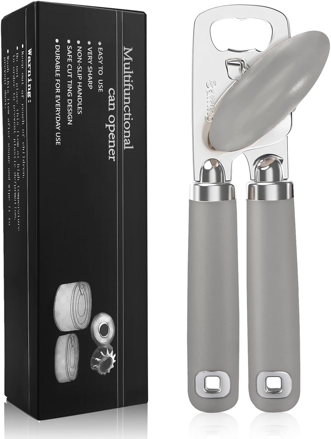 Safring Can Opener Manual, Heavy Duty Stainless Steel Smooth Edge Can Openers With Soft Touch Handle, Oversized Handheld Easy Turn Knob, Multi-Function Bottle Opener, Black