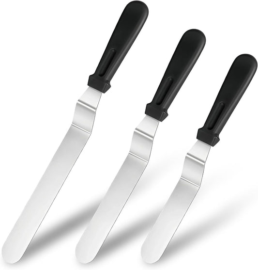 Icing Spatula Set of 3, Angled Cake Spatulas with 6, 8 & 10 Inch Stainless Steel Blades, Professional Frosting Spatulas with Ergonomic Handle for Cake Decorating, Baking & Pastry