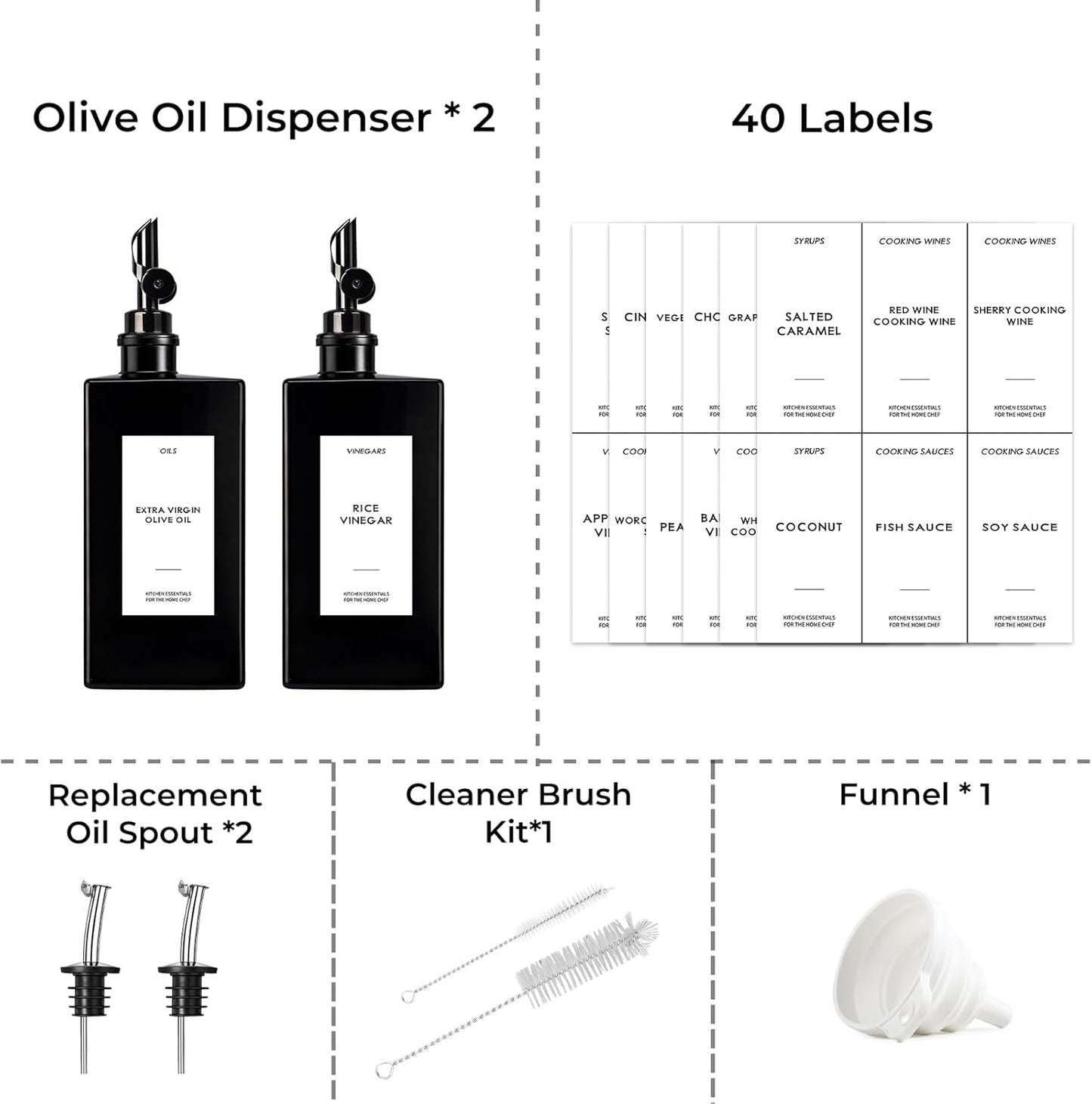 2PCS 16.9oz Olive Oil Dispenser Bottle For Kitchen, Soy Sauce Dispenser, Dark Glass Bottles for Oil and Vinegar Dispenser Set W.2 Replacement Spouts & Labels, Coffee Syrup Dispenser (Black)