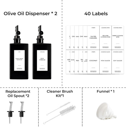 2PCS 16.9oz Olive Oil Dispenser Bottle For Kitchen, Soy Sauce Dispenser, Dark Glass Bottles for Oil and Vinegar Dispenser Set W.2 Replacement Spouts & Labels, Coffee Syrup Dispenser (Black)