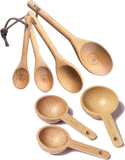 7pcs Measuring Cups and Measuring Spoons Set,with Tablespoon Teaspoon,Measuring Spoons for Dry Ingredients, Natural Wood Rustic Kitchen Accessories, Ideal for Bakers, Chefs & Home Cooks