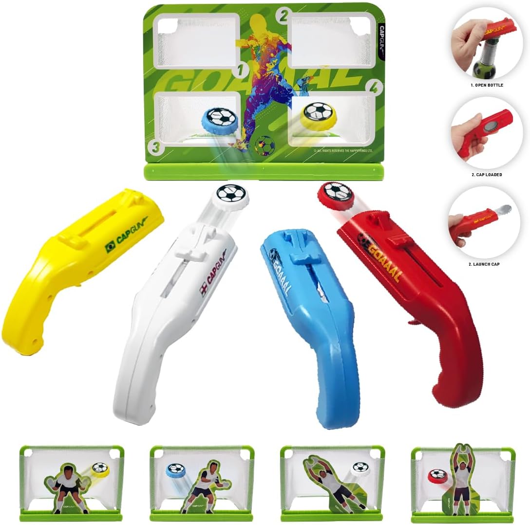 bottle cap shooting gun - Fun bottle opener tool launches bottle caps for parties, barbecues, and bar games (color)