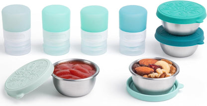 MICEBAY 8-Pack Salad Dressing Container To Go, 2-oz Silicone Small Condiment Squeeze Bottles and 1.6 oz Stainless Steel Sauce Containers Cups, Leakproof Condiment Containers with Lids for Lunch Box