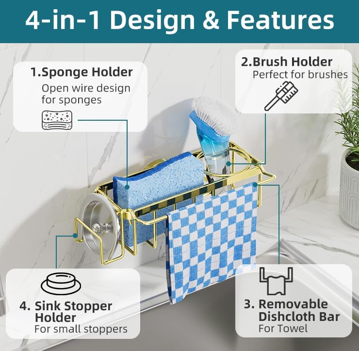 TAILI 4-in-1 Sink Caddy with Strong Suction Cup, Sponge Holder for Kitchen Sink Organizer, Removable, Rustproof, Stainless Steel Holder for Sponge, Brush, Scrubber, Scraper - Silver