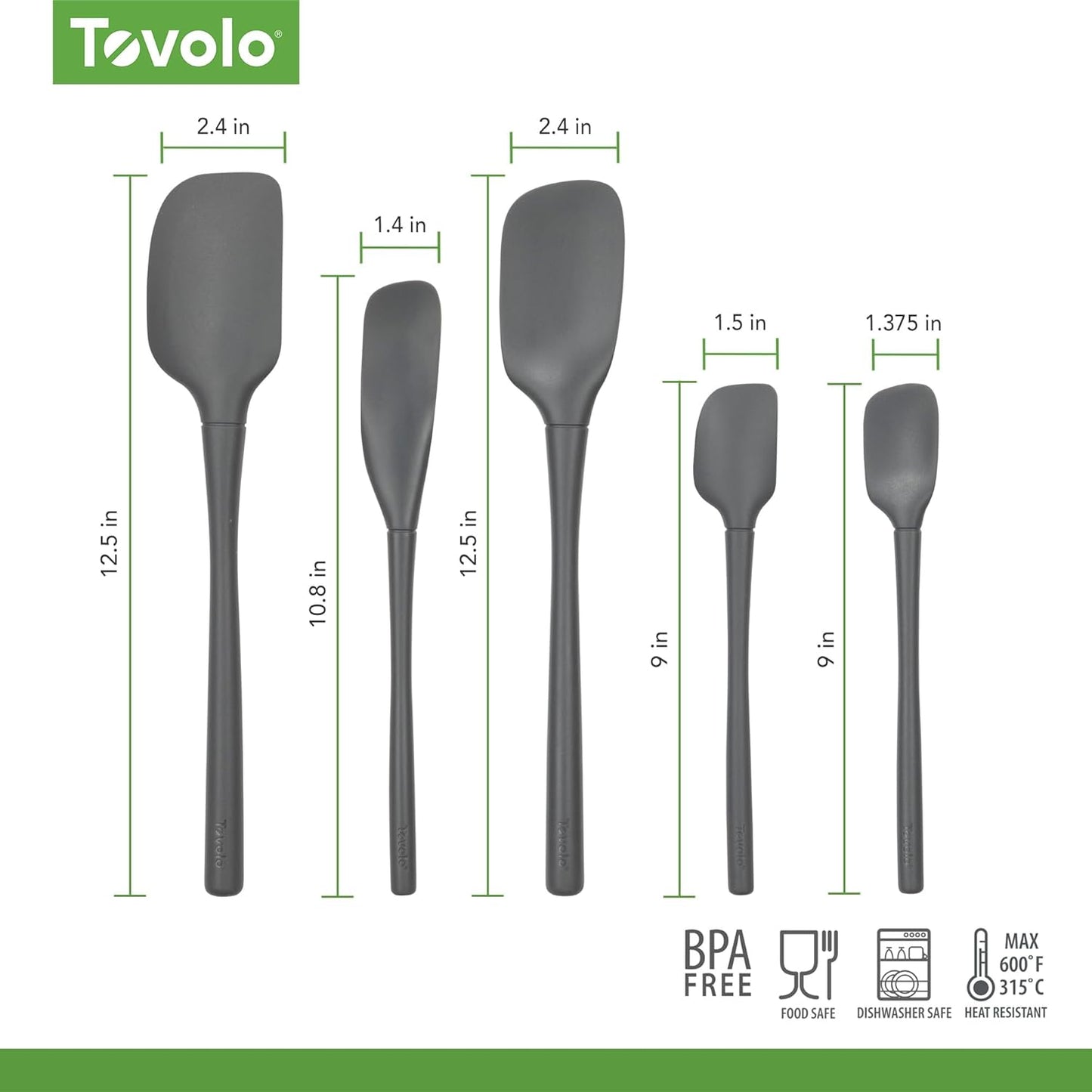Tovolo Stainless Steel Handled Silicone Spatula Set of 5 White, Dishwasher Safe Kitchen Spatula Set for Cooking Baking, Non Toxic BPA Free Silicone Spatula set with Metal Steel Handle