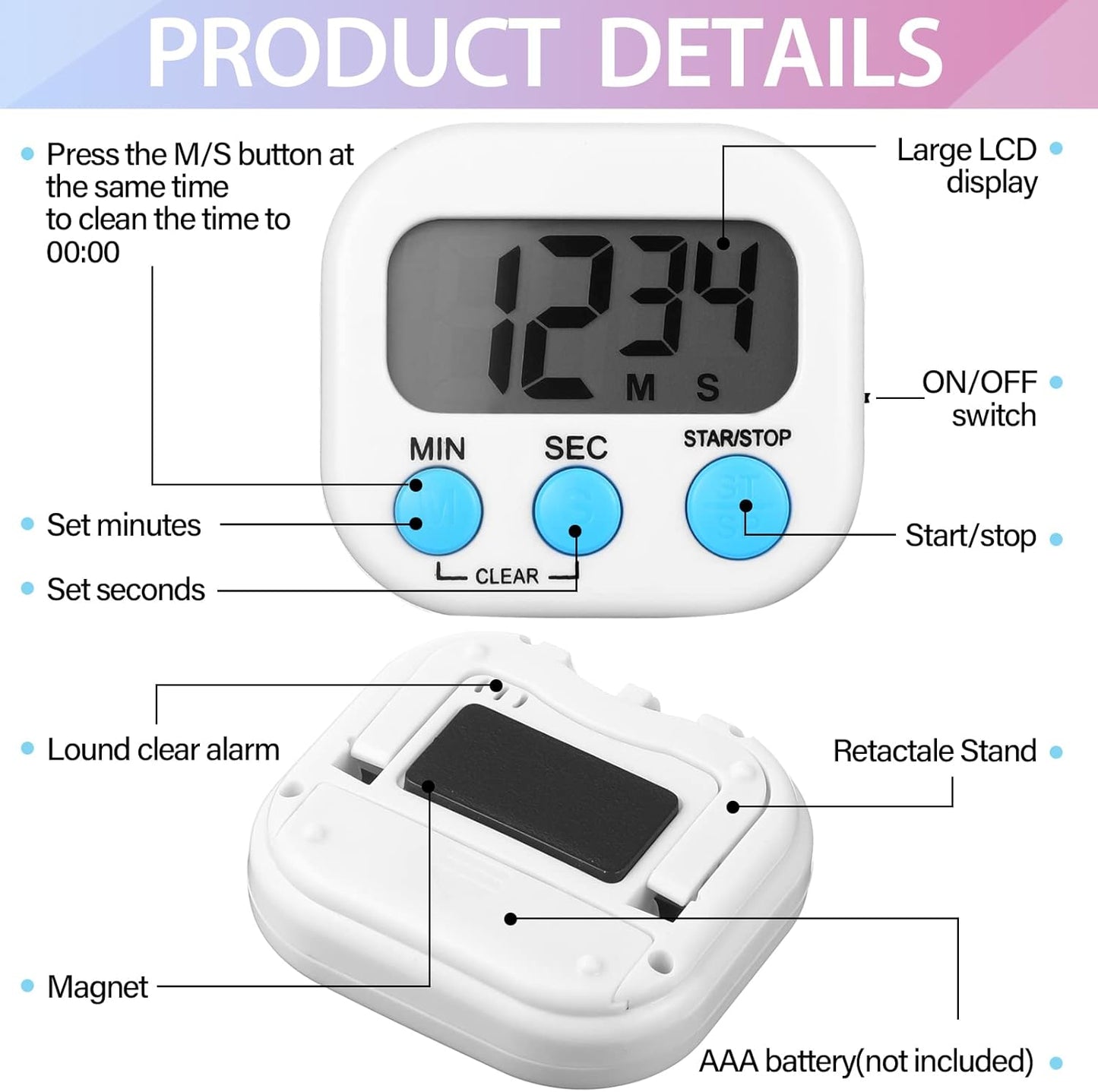 Weewooday 24 Pcs Digital Kitchen Timer Magnetic Timer Bulk On/Off Switch Minute Second Count up Countdown Loud Alarm for Exercise Cook Baking (Black,White)