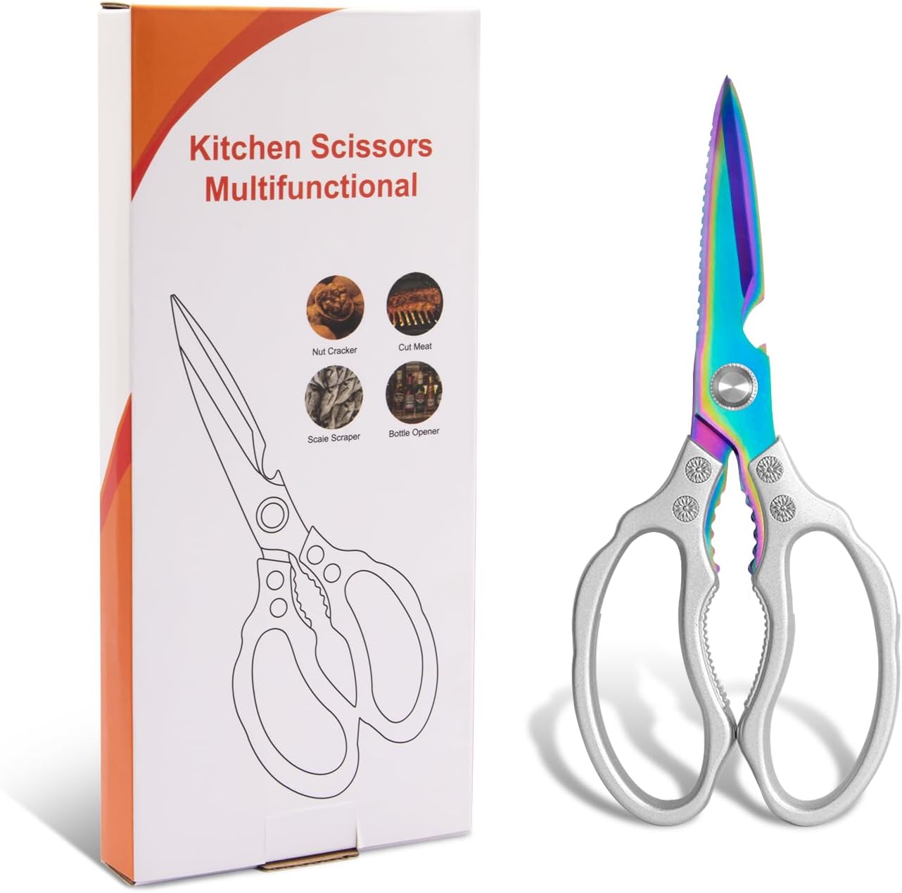 CGBE Kitchen Scissors, Multi-Purpose Kitchen Shears, Heavy Duty Dishwasher Safe Food Scissors for Chicken, Poultry, Fish, Meat & Herbs with Non-Slip Grips - Sliver