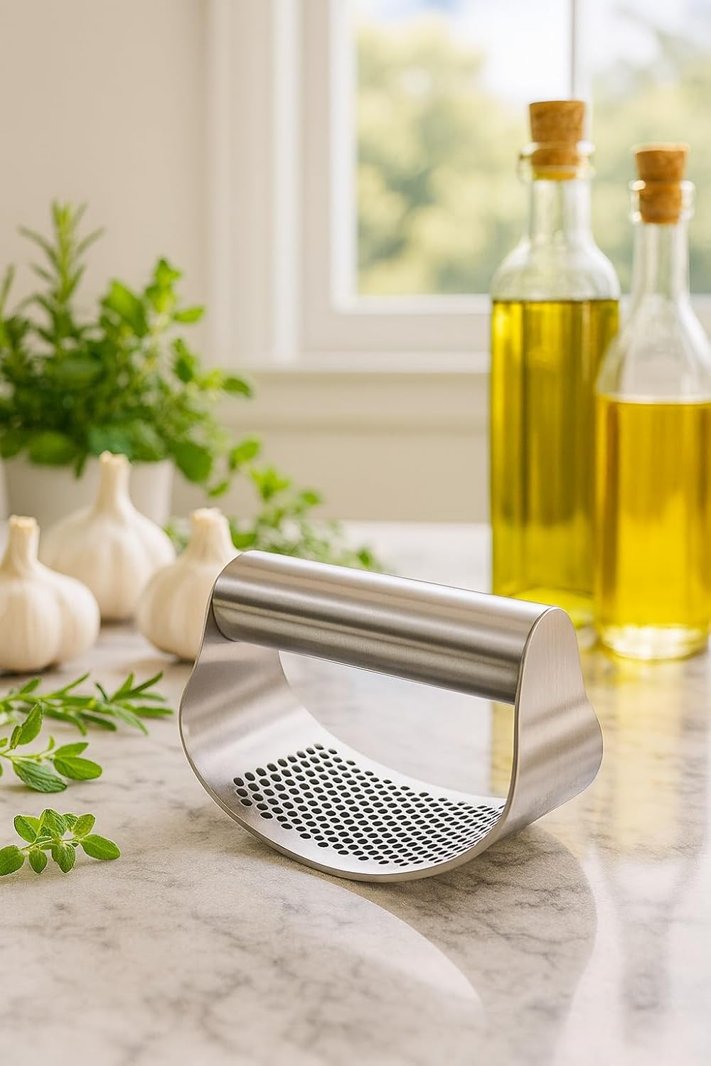Angel's Peel Lounge Stainless Steel Garlic Press Rocker Set with Silicone Garlic Peeler & Cleaning Brush – Garlic Chopper, Mincer, Grater, Crusher – Easy for Crushed Cloves – Rust-Resistant, Black