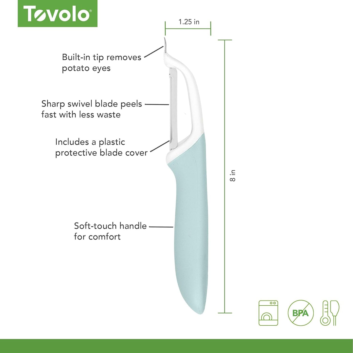 Tovolo Vegetable Peeler with Ultra Sharp Stainless Steel Swivel Blade Non Slip Handle, Multi Functional Dishwasher Safe Kitchen Wide Ribbon Potato Peeler for Fruit Veggies Carrots Apples, Thyme Green