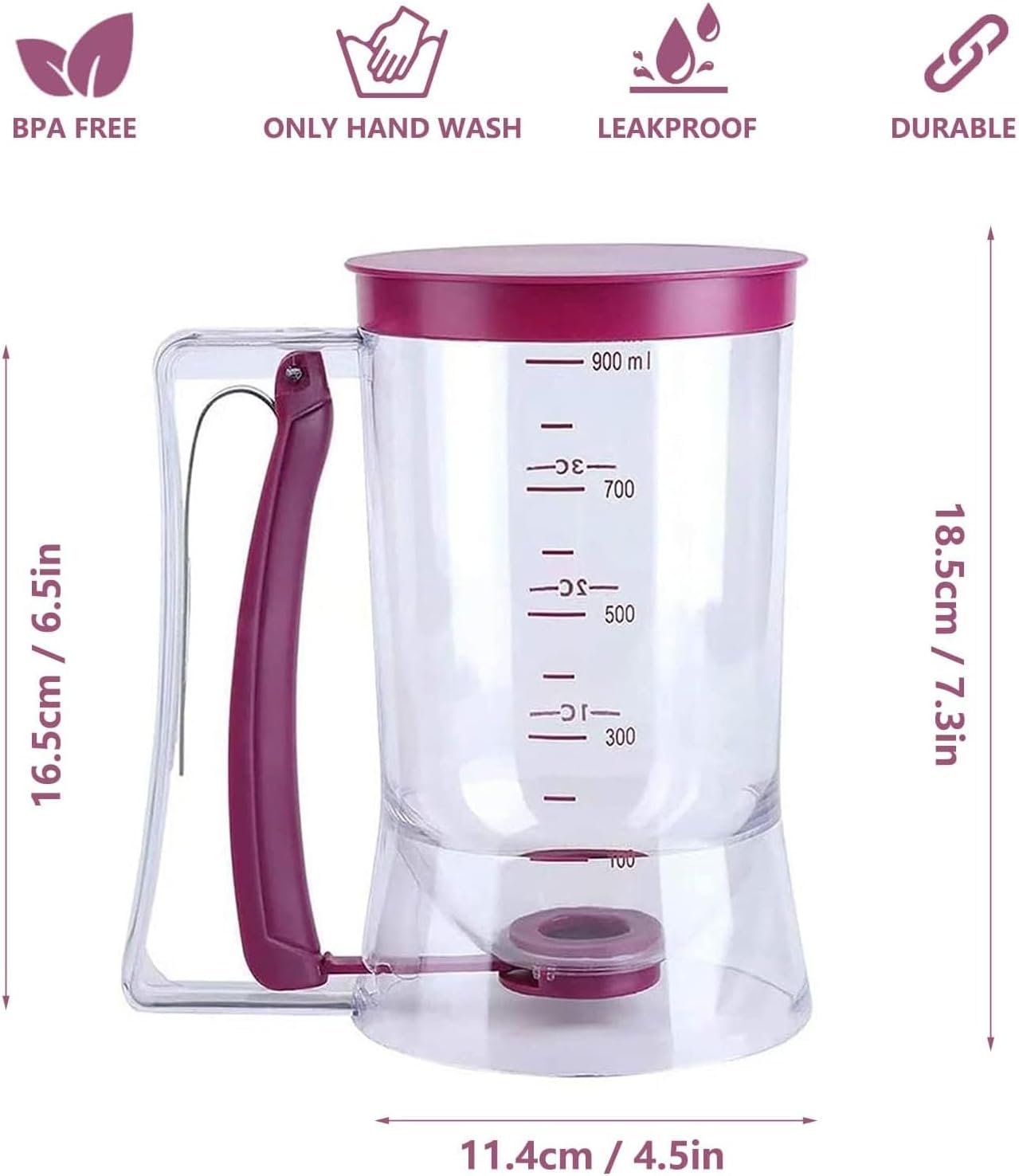 Kitchen Batter Dispenser,Squeeze Handle,Tool for Perfect Pancakes, Cupcake, Waffle, Muffin Mix, Cake & Crepe,Easy-Pour Pancake Dispenser Bottle for Smooth Baking(Purple)
