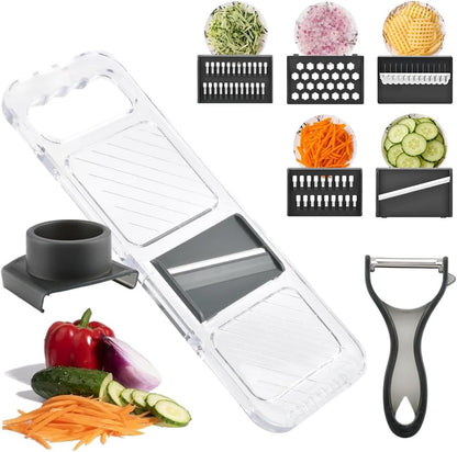 Multifunctional Mandoline Slicer with 6 Interchangeable Blades, Handheld Food Slicer with Safety Guard, Adjustable Stainless Steel Blade for Vegetable, Potato, Tomato, Onion