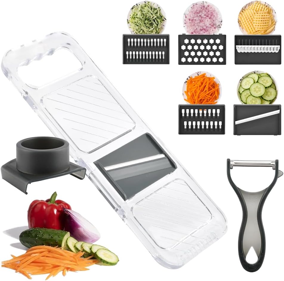 Multifunctional Mandoline Slicer,6-in-1 Adjustable Blade,Transparent Vegetable Cutter with Safe Hand Guard,Easy-Clean & Compact Storage for Salad Prep, Chips, Fruits & Daily Cooking