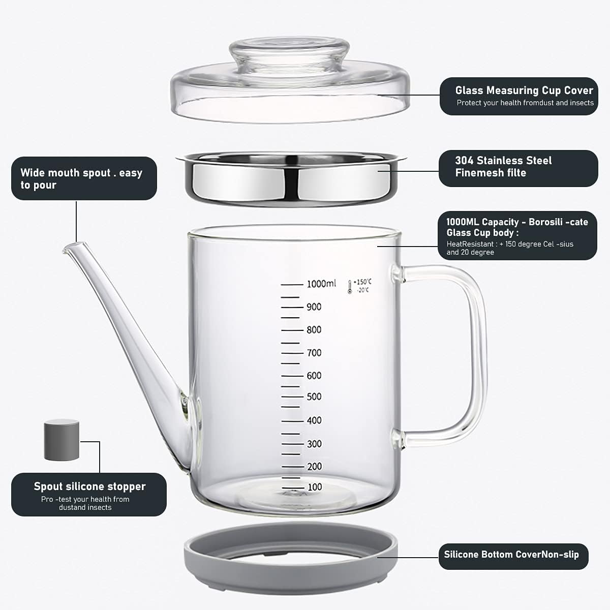 Gravy Fat Separator,1000ML Transparent Heat Resistant Glassware and Cover,with Stainless Steel Strainer,Silicone Bottom Cover and Stopper,
