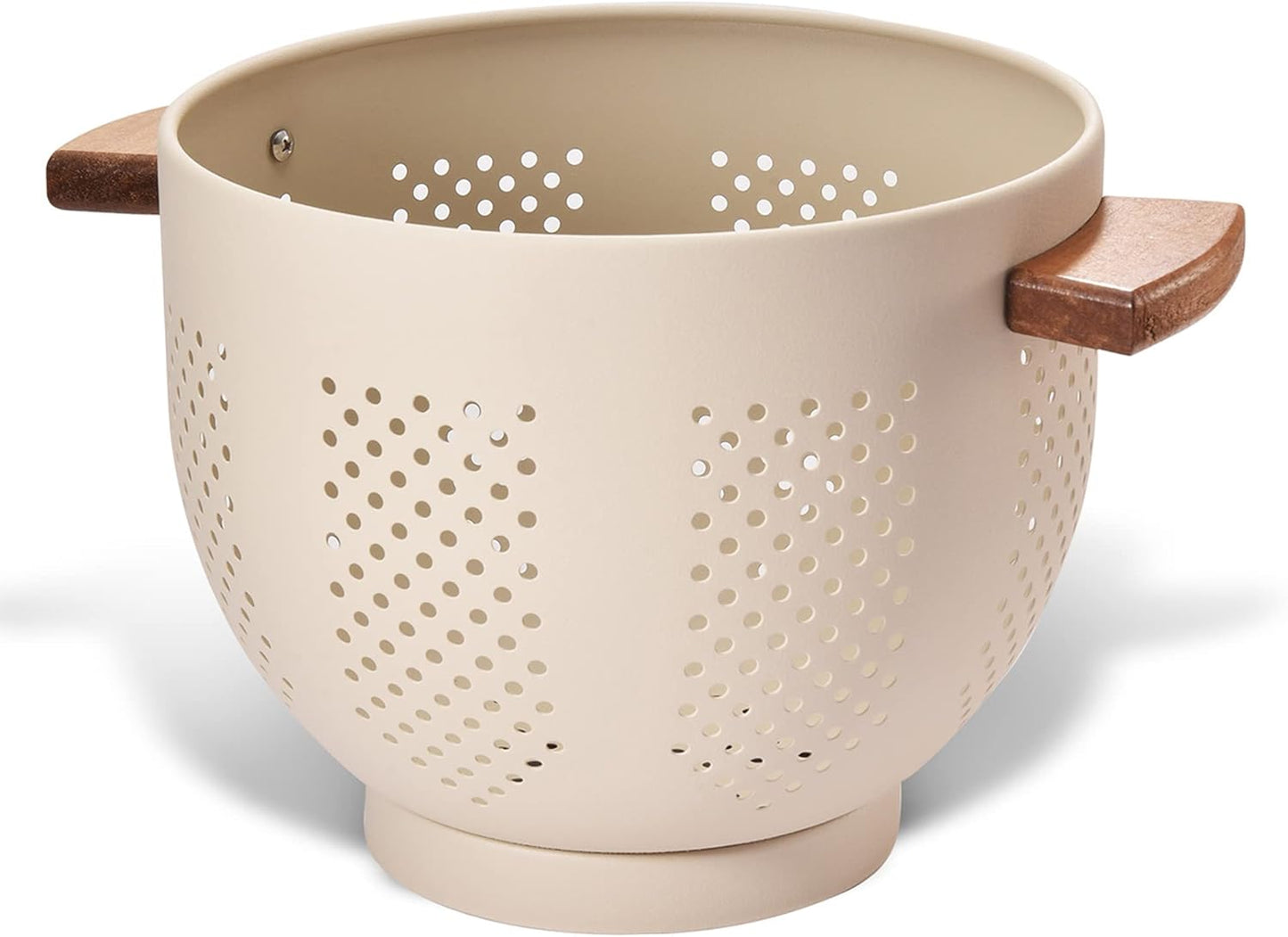Metal Colander with Wood Handle and Stable Base, 5.5 Quart Powder Coated Steel Kitchen Strainer Basket for Draining Pasta, Vegetable and fruit,Cream