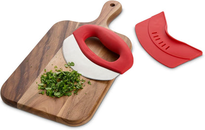 HIC Kitchen Mezzaluna Rocking Chopper And Mincing Knife With Double Handles, Stainless Steel, Rubberwood, For Herbs Vegetables Nuts And More