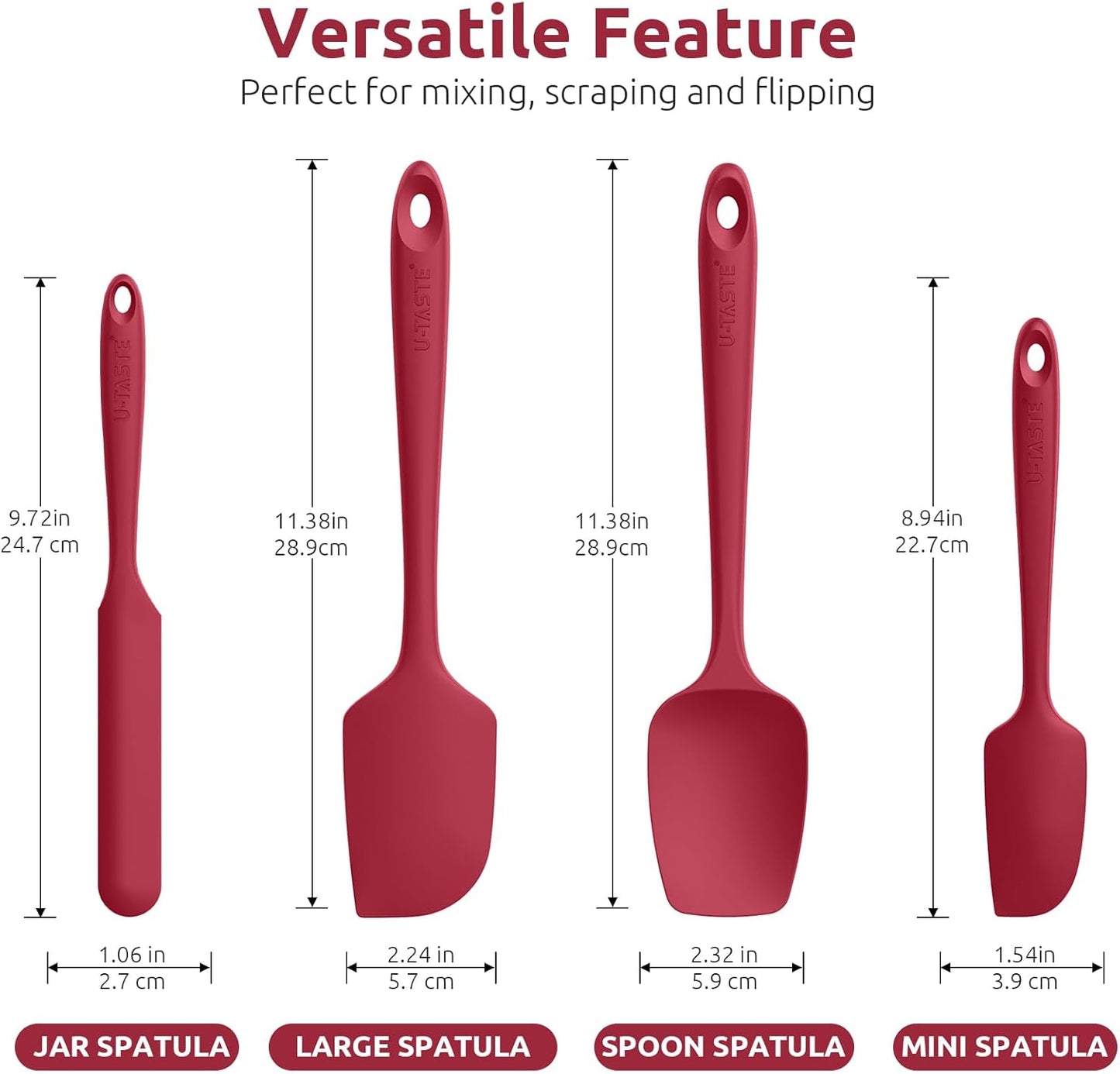 High Heat Resistant Silicone Spatula: U-Taste 600ºF Hot-Proof Food Grade Rubber Kitchen Baking Scraper, Flexible and Sturdy Cooking Utensil for Mixing Scraping in NonStick Cookware (4PCS, Multicolors)