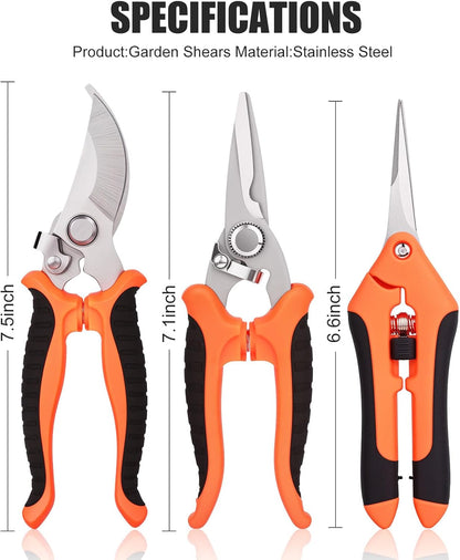 3 Pcs Garden Shears, Stainless Steel Gardening Scissors, Pruning Shears for Gardening, Pruning Scissors for Flowers Fruit Tree