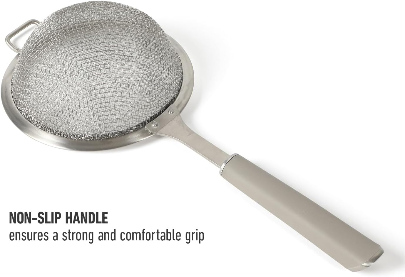 Calphalon Edge Stainless Steel Strainer, Fine Mesh Kitchen Colander Strainer with Thermoplastic Rubber Handle, Sifter for Rinsing, Draining & Straining Food, Navy