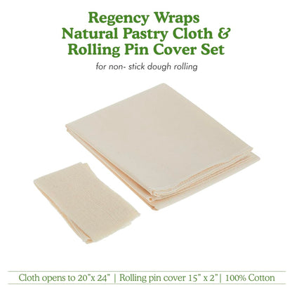 Regency Wraps Natural Pastry Cloth 20"x24" with 15”Rolling Pin Cover, 100% Cotton for Non-stick Dough Rolling, Achieve Perfect Dough for Baked Goods.