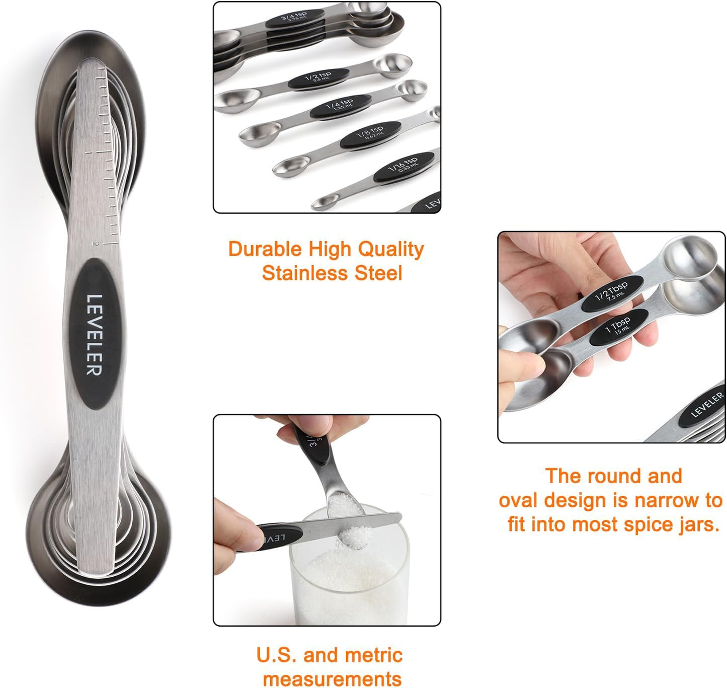 Measuring Cups and Spoons Set Stainless Steel Measuring Cups Double Sided Stackable Magnetic Measuring (Black)