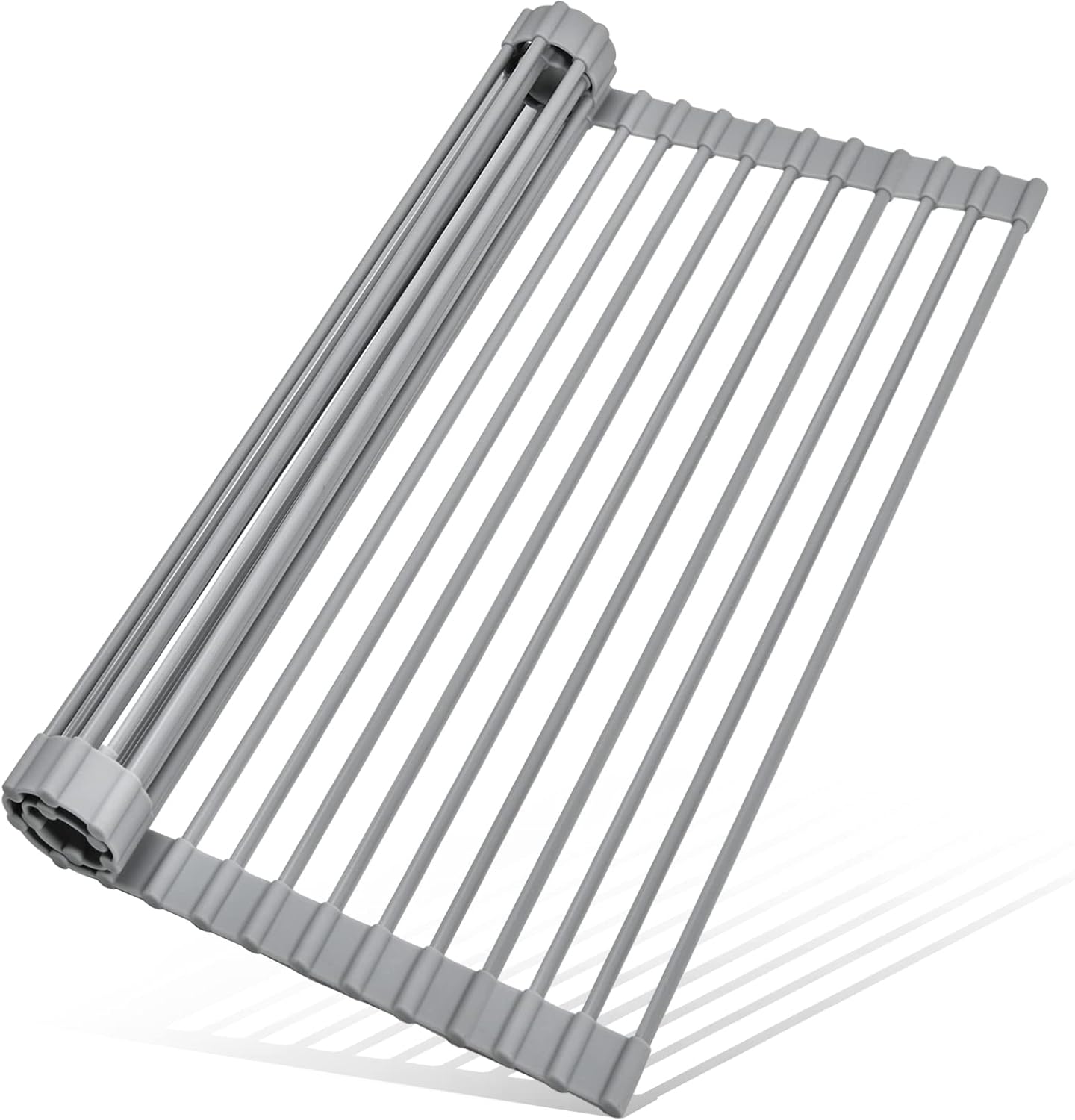 MERRYBOX Roll Up Over The Sink Dish Drying Rack Silicone Wrapped Foldable, Heat-Resistant, Anti-Slip Sink Rack Multipurpose Dish Drainer for Kitchen Sink Counter - White, 17.5" x 11"