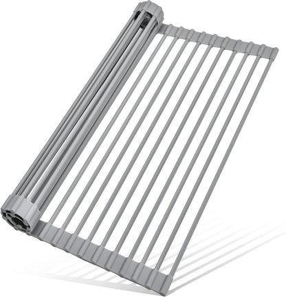 MERRYBOX Roll Up Over The Sink Dish Drying Rack Silicone Wrapped Foldable, Heat-Resistant, Anti-Slip Sink Rack Multipurpose Dish Drainer for Kitchen Sink Counter - White, 17.5" x 11"