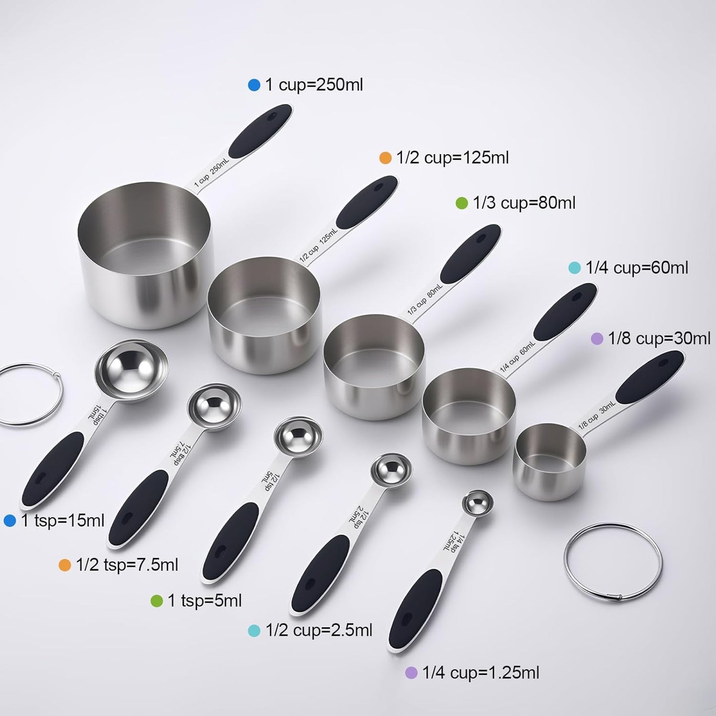 Stainless Steel Measuring Cups and Spoons Set of 10 Measuring Cups and Magnetic-Measuring Spoons Nesting Metal Measuring-Cups Set Soft Silicone Handles for Dry and Liquid Ingredients Cooking