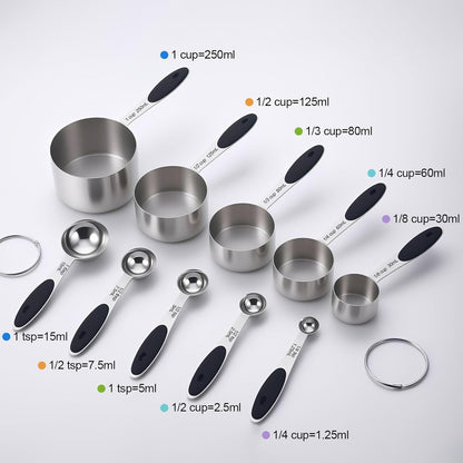Stainless Steel Measuring Cups and Spoons Set of 10 Measuring Cups and Magnetic-Measuring Spoons Nesting Metal Measuring-Cups Set Soft Silicone Handles for Dry and Liquid Ingredients Cooking