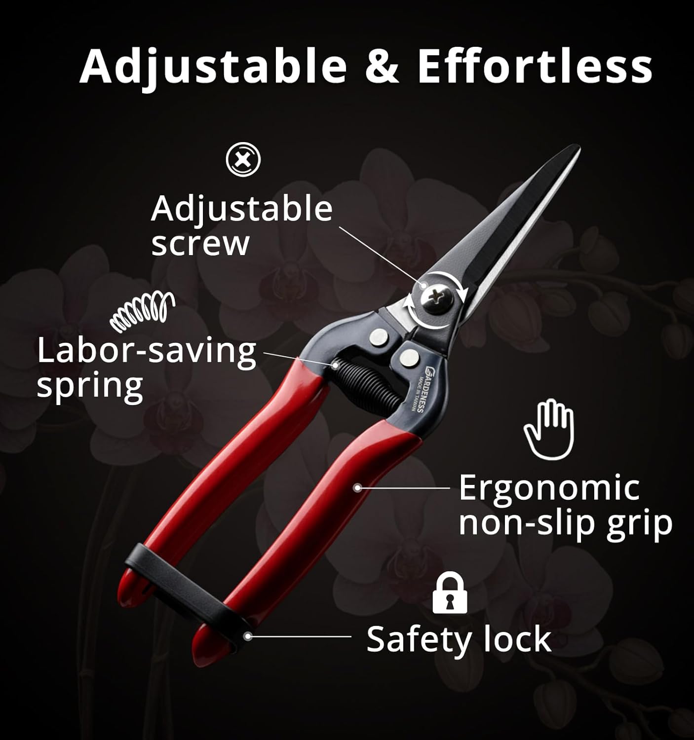 Gardeness Stainless Steel Pruning Snips with Serrated Blade, Adjustable Joint Screw Micro-Tip Garden Scissors for Harvesting Herbs, Fruit, and Floral Arranging, Corrosion-Resistant & Made in Taiwan