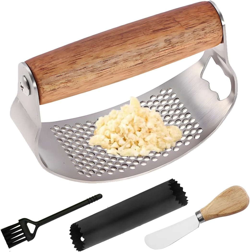 Garlic Press Rocker Stainless Steel Ginger Crusher Squeezer Kitchen Gadget with Ergonomic handle, Silicone Tube Garlic Peeler and Cleaning Brush Tool Set
