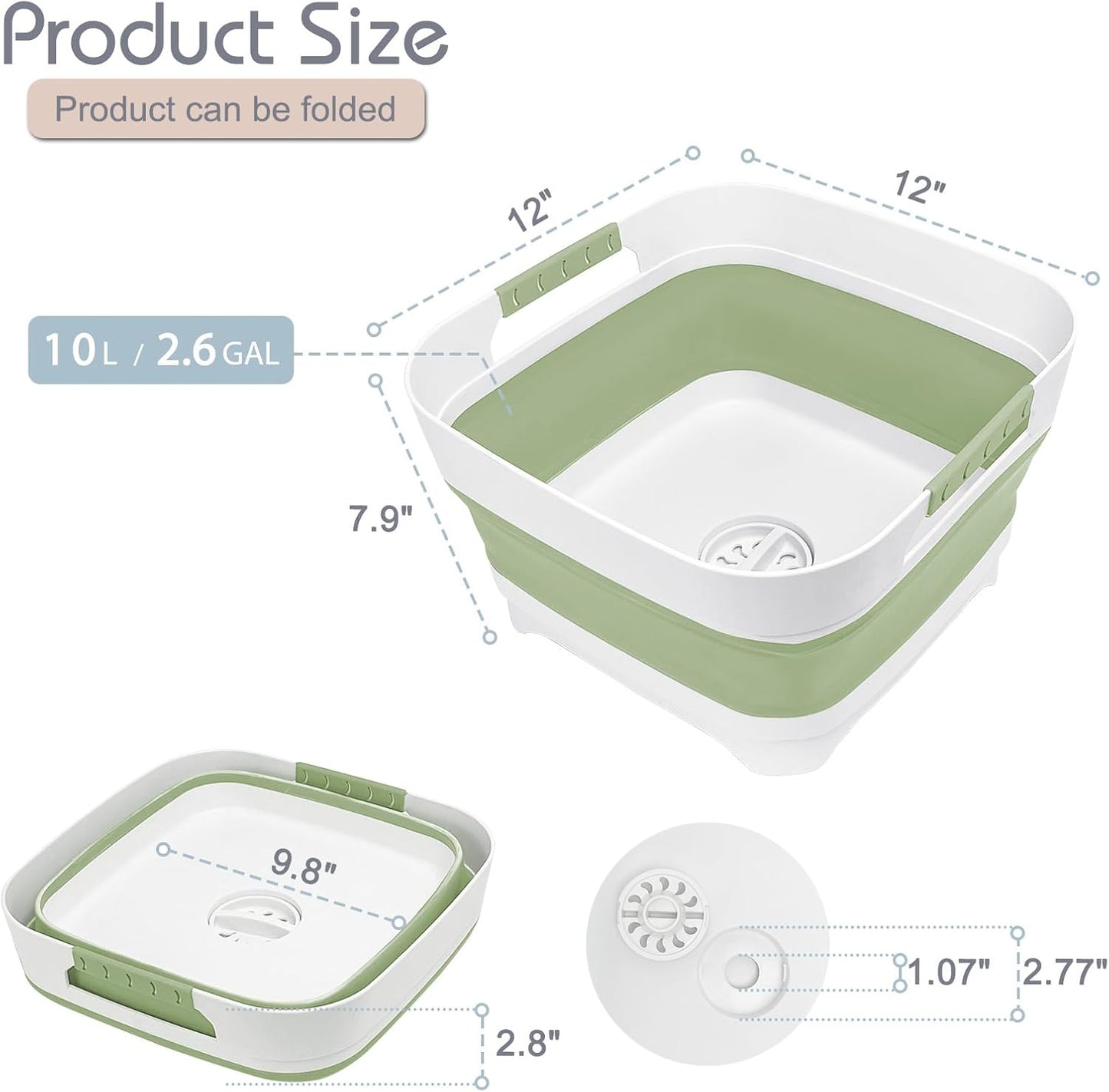 Collapsible Dish Basin with Drain Plug, 2.4 Gal 9L Foldable Wash Basin, Portable Sink Tub for Kitchen, Baby Bottles, Camping, RV, Vegetable Washing and Beverage Tub, Gray
