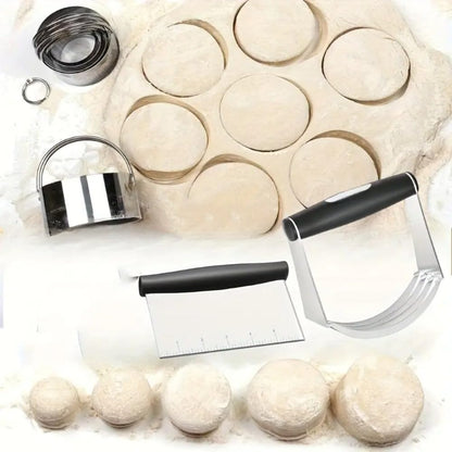 4 Pcs Stainless Steel Biscuit Cutter Set,Including Flour Duster,Pastry Scraper and Dough Blender,Sturdy & Long-Lasting with Ergonomic Rubber Grip,Professional Baking Dough Tools