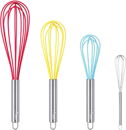 HOTEC 4 Pieces Silicone Whisks Set, Wire Balloon Whisks for cooking Egg Beater, Non-slip Handle Whisk for Non-stick Cookware Perfect for Cooking, Stirring, Beating and Blending (Multicolor)