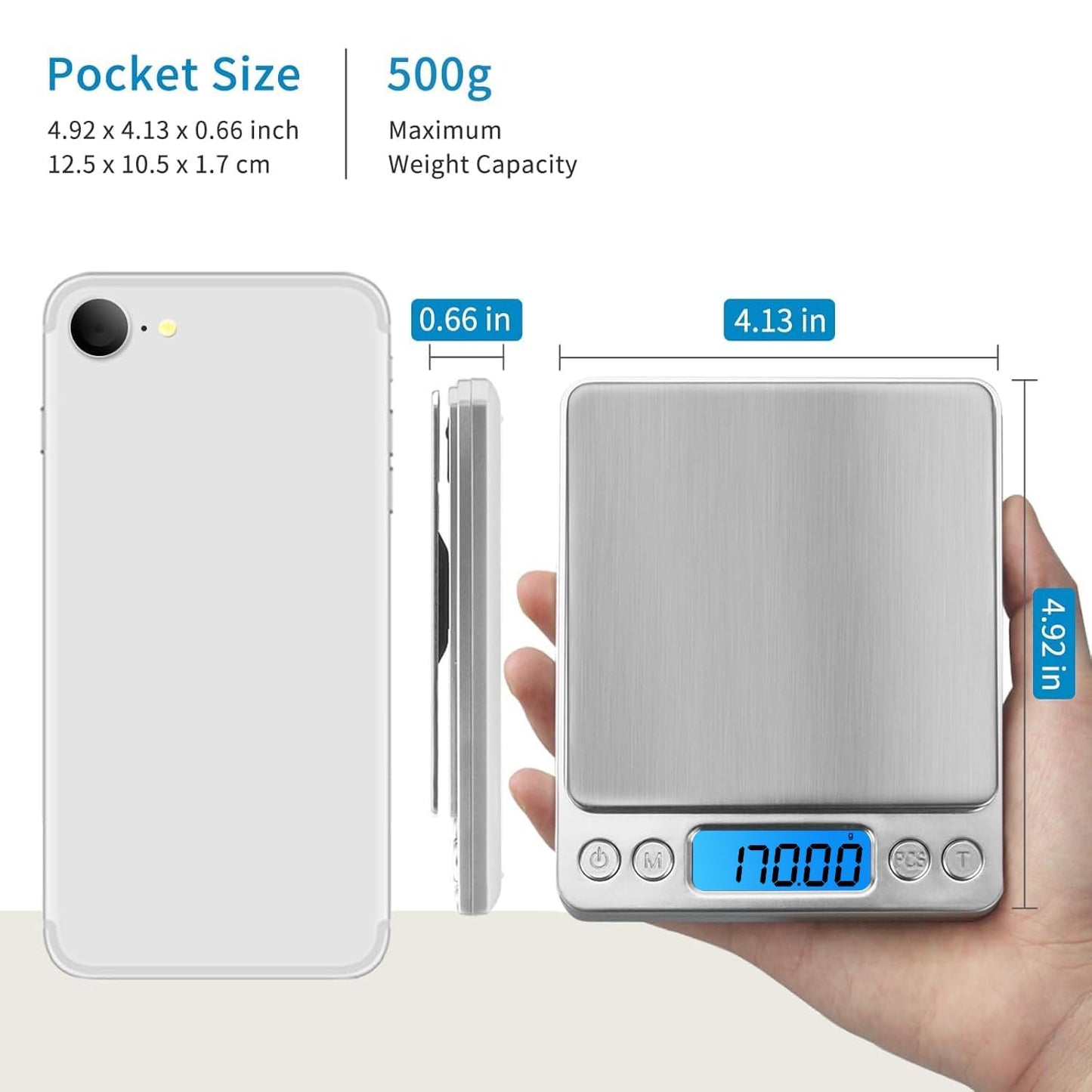 Digital Scale Kitchen 500g 0.01g Food Scale High Precision Kitchen Scale Multifunctional Stainless Steel Pocket Scale with Back-Lit LCD Display Tare PCS Features, 9 Weighing Units Switch